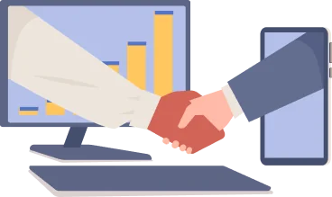 Illustration of a handshake with growth chart representing business agreement or results.