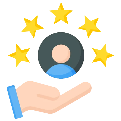 Client satisfaction icon with stars and a person symbol.