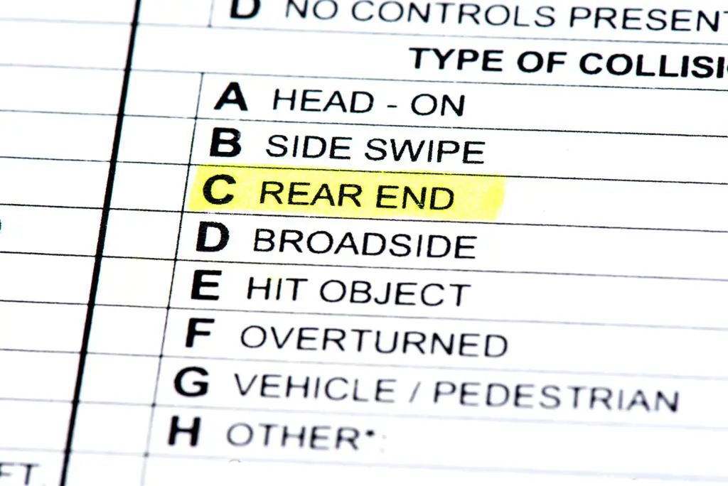 Vehicle accident report form showing collision type options.
