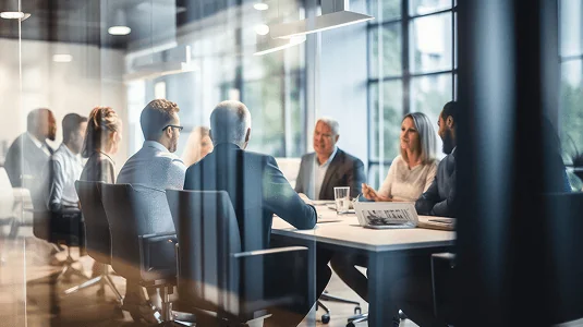 Professionals meeting in a modern conference room.