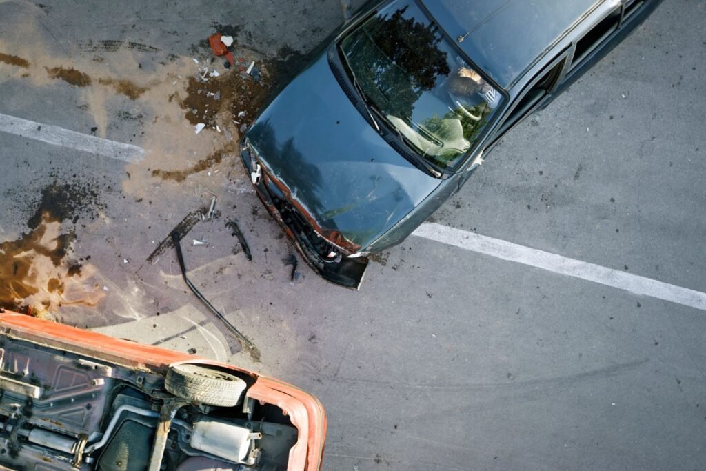 Overhead view of a vehicle accident on the road.